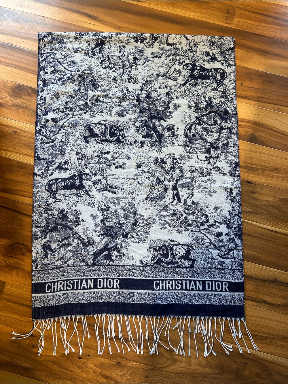 Dior Navy and Cream Toile Scarf with Fringe and Christian Dior Border